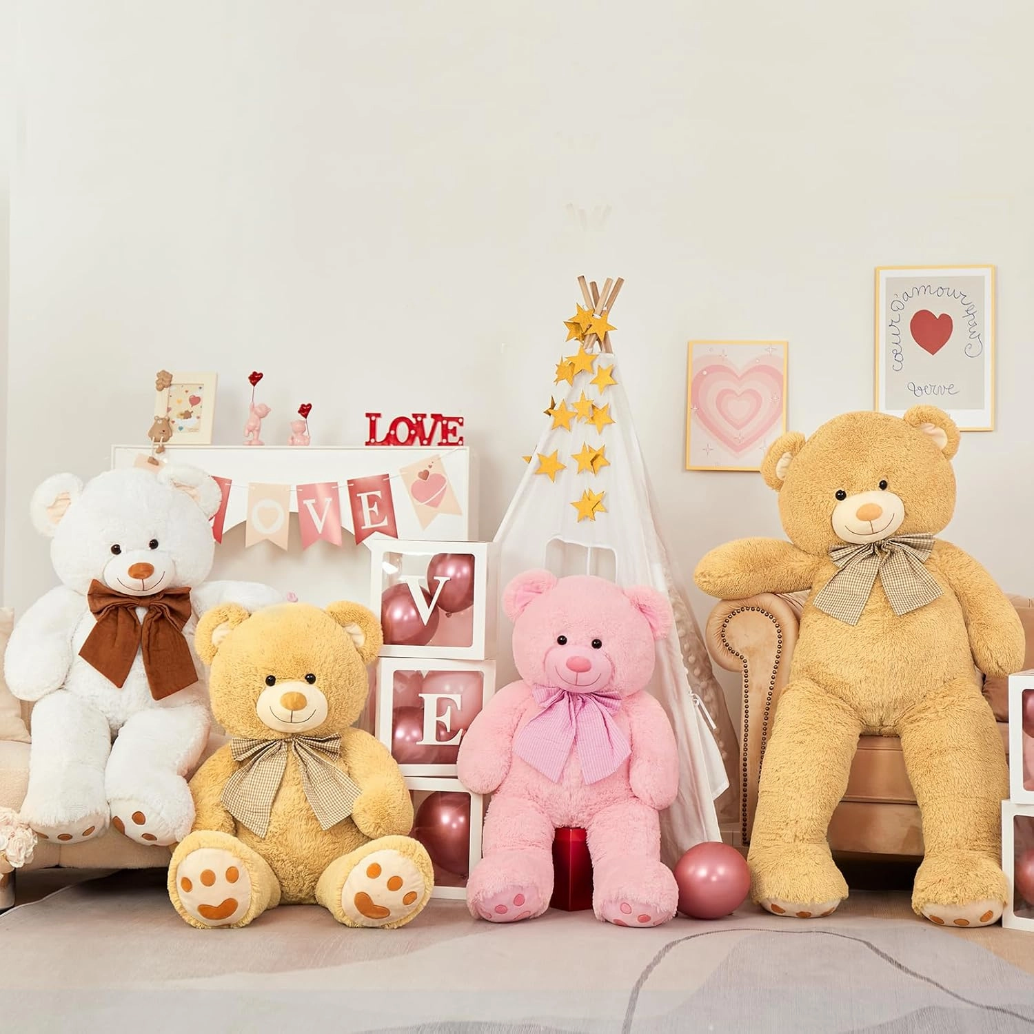 MorisMos 4 Feet Giant Teddy Bear Stuffed Animal, 47" Large Tan Teddy Bear Plush with Footprints and Big Bow, Valentines Christmas for Girlfriend, Wife, Girls, Baby Shower Decor