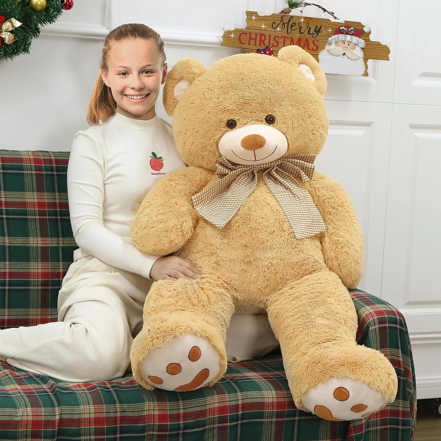MorisMos 4 Feet Giant Teddy Bear Stuffed Animal, 47" Large Tan Teddy Bear Plush with Footprints and Big Bow, Valentines Christmas for Girlfriend, Wife, Girls, Baby Shower Decor