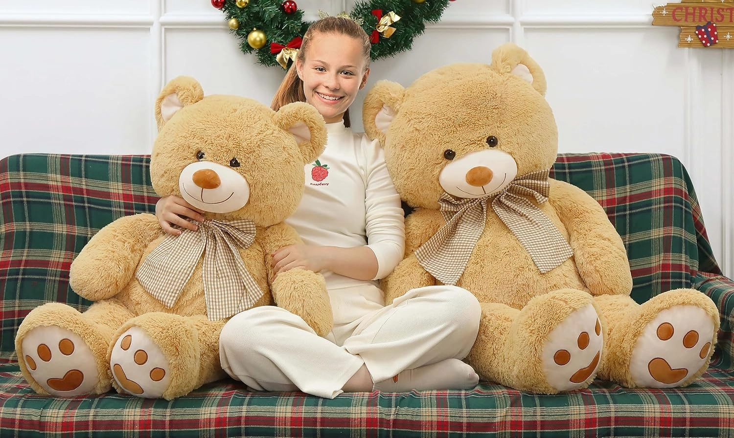 MorisMos 4 Feet Giant Teddy Bear Stuffed Animal, 47" Large Tan Teddy Bear Plush with Footprints and Big Bow, Valentines Christmas for Girlfriend, Wife, Girls, Baby Shower Decor