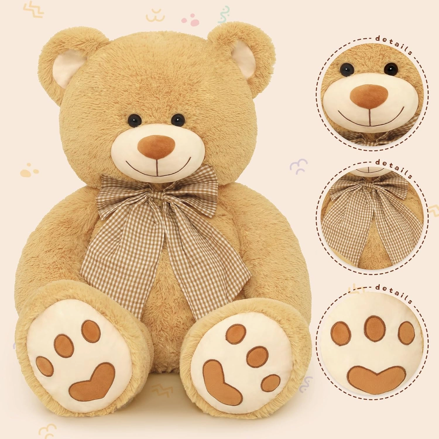 MorisMos 4 Feet Giant Teddy Bear Stuffed Animal, 47" Large Tan Teddy Bear Plush with Footprints and Big Bow, Valentines Christmas for Girlfriend, Wife, Girls, Baby Shower Decor