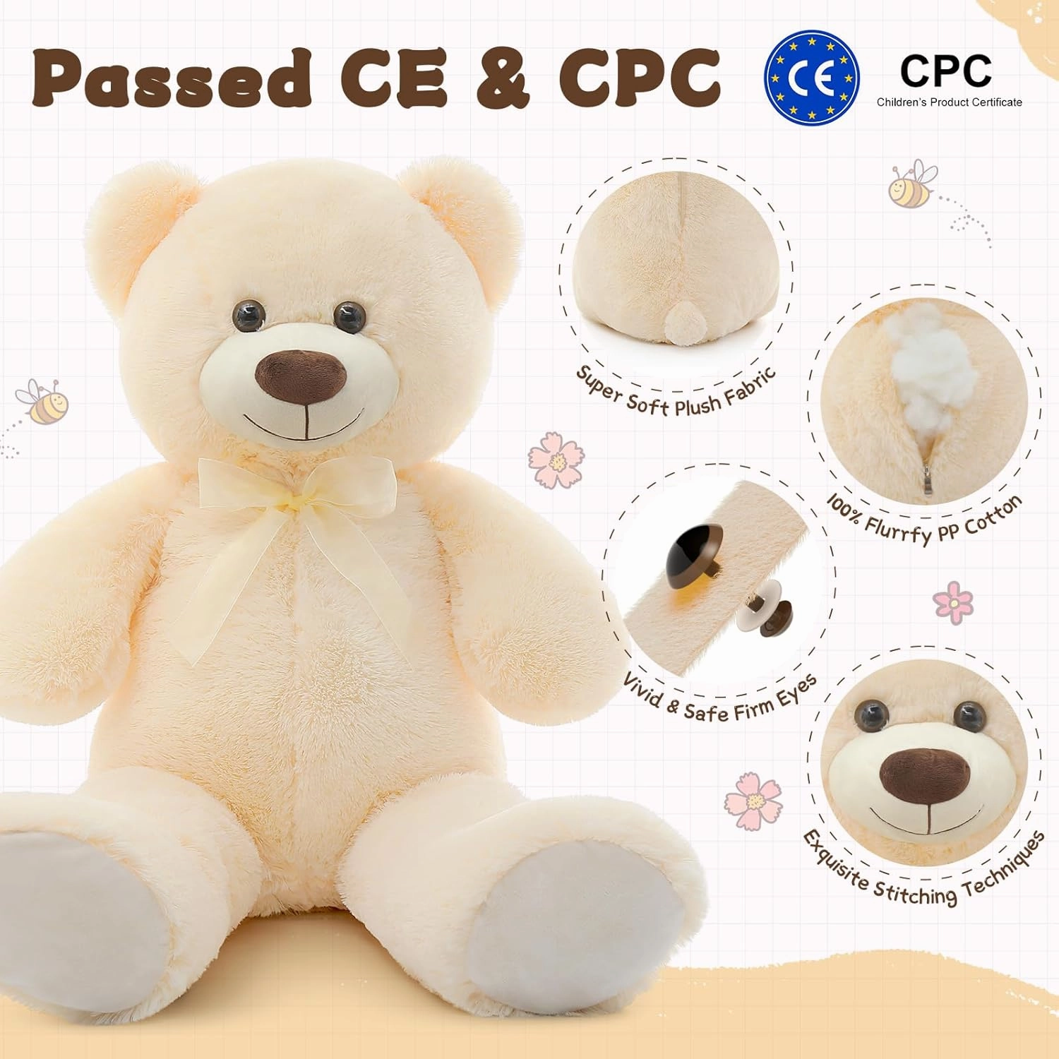 MorisMos Giant Teddy Bear Stuffed Animal 3 ft, 36 in Large Teddy Bear for Baby Shower Decor, Soft Big Stuffed Animal Plush Toy for Kid Birthday Christmas Girlfriend Valentines Gift,Beige/Cream