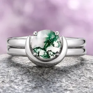 Moss Agate & Crescent Moon Ring Set- Sterling Silver