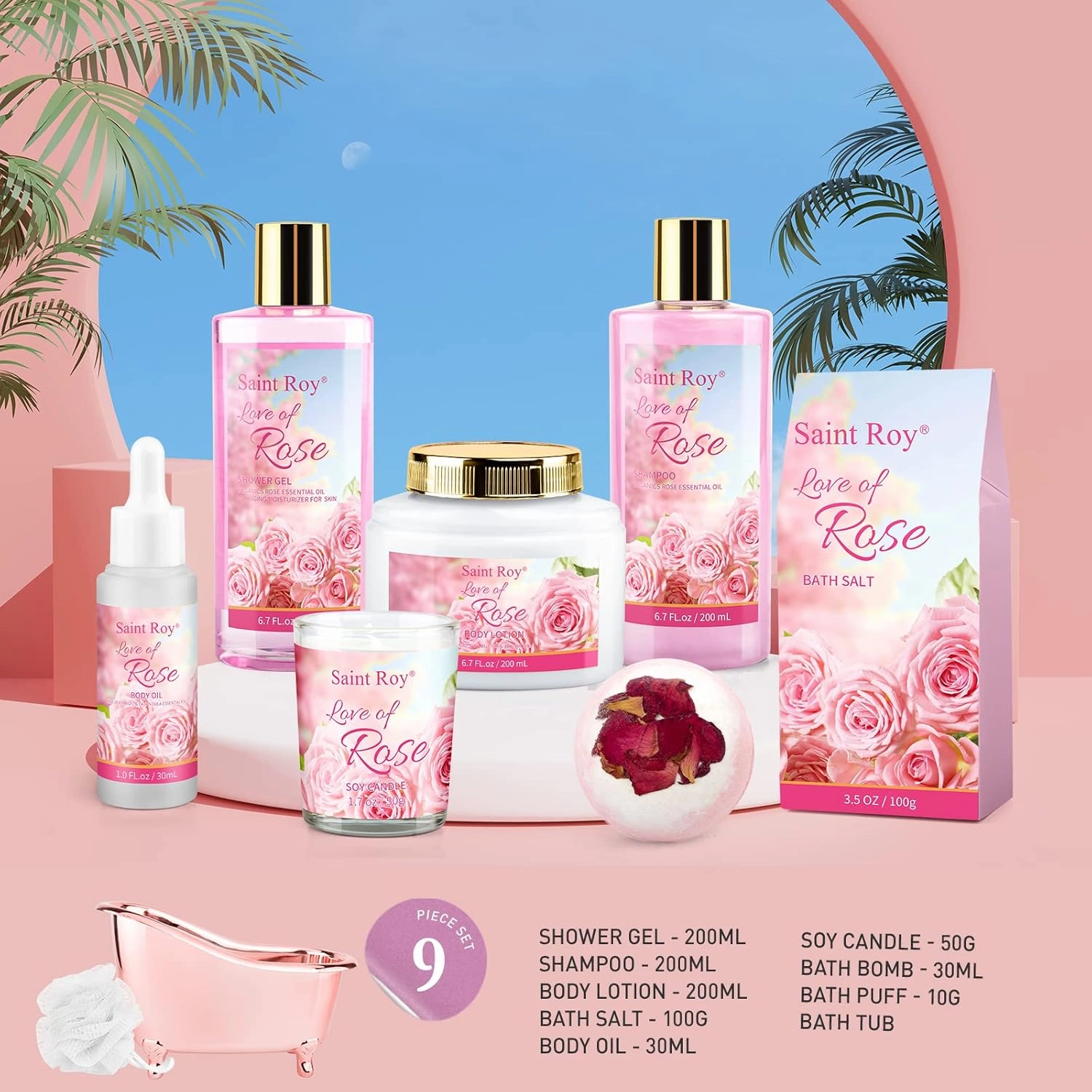 Mother's Day Gifts for Mom bath Gifts for Her Rose scents Mother Gift Bath Set for Women, Luxury Home Spa Kit Rose Bath Gift Basket, Includes Scents Lotion, Bath Bomb, Spa salts, Christmas Gift
