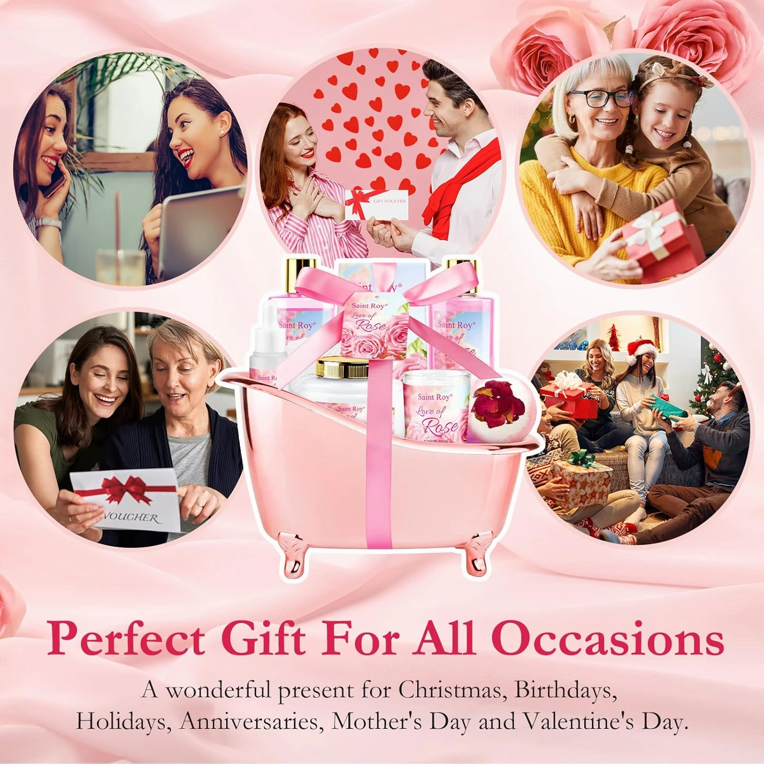 Mother's Day Gifts for Mom bath Gifts for Her Rose scents Mother Gift Bath Set for Women, Luxury Home Spa Kit Rose Bath Gift Basket, Includes Scents Lotion, Bath Bomb, Spa salts, Christmas Gift