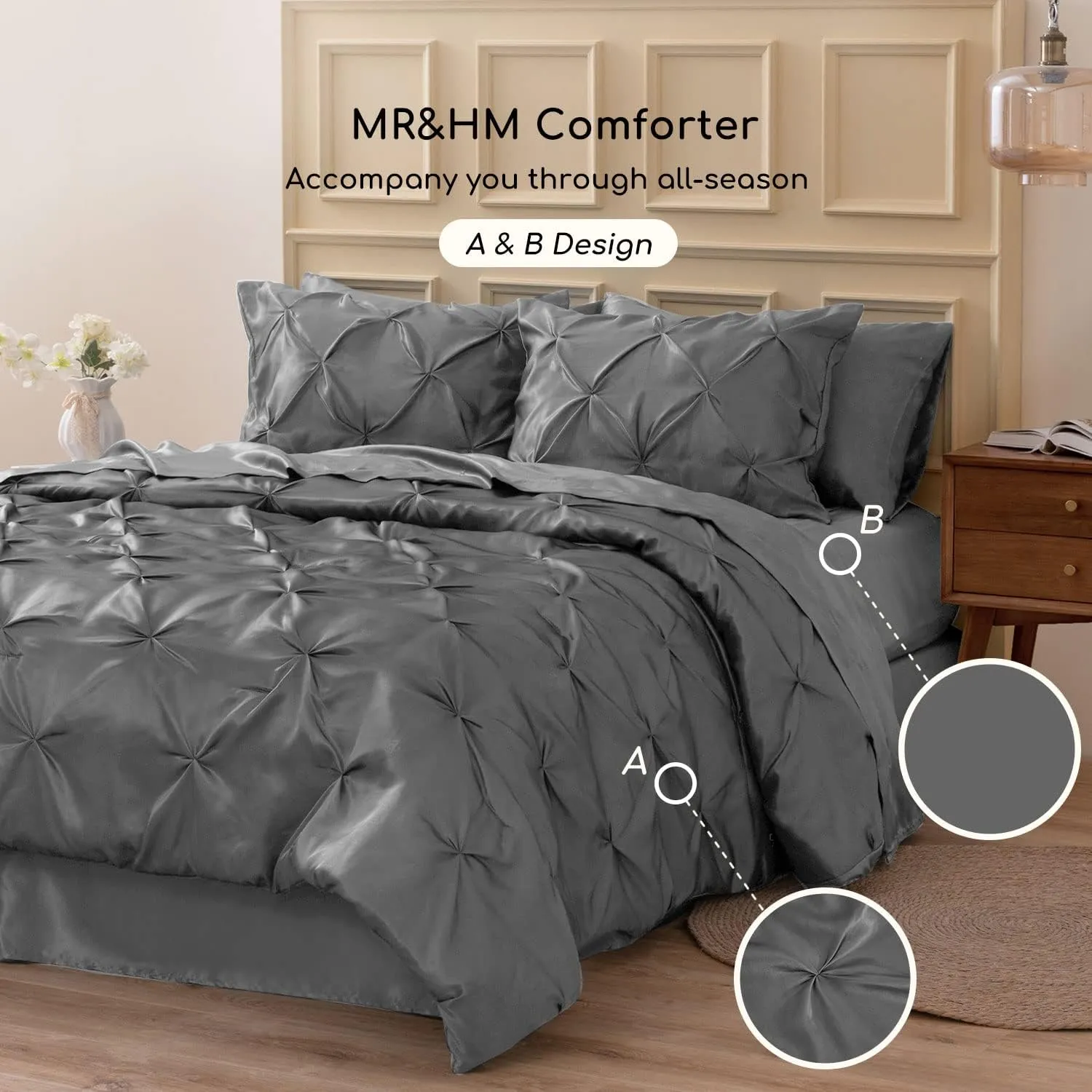MR&HM Satin Comforter Queen 7 Pieces - Luxurious Pinch Pleat Bedding Set with Comforter, Flat Sheet, Fitted Sheet, Pillowcases & Shams, Super Silky Soft Bed Set for All Season (Queen, Dark Grey)