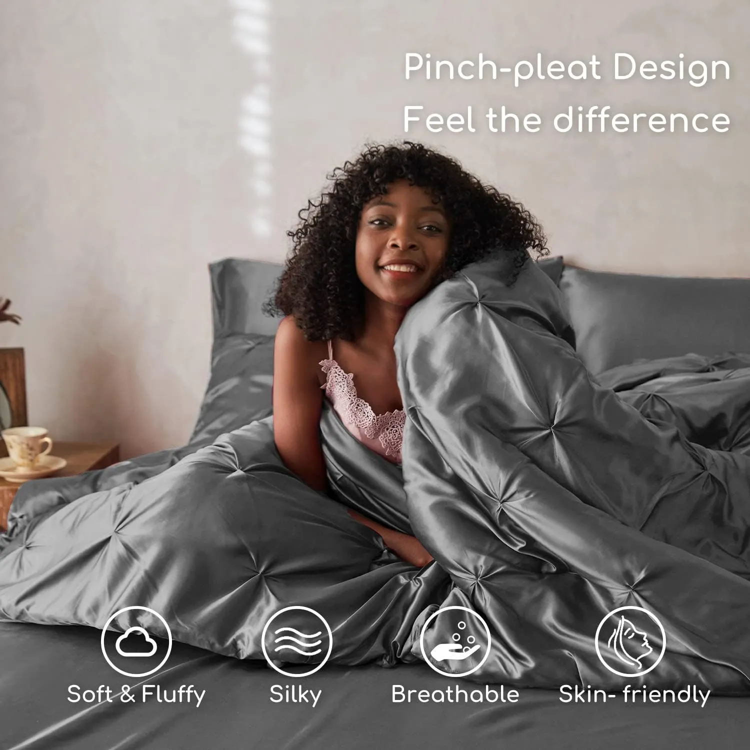 MR&HM Satin Comforter Queen 7 Pieces - Luxurious Pinch Pleat Bedding Set with Comforter, Flat Sheet, Fitted Sheet, Pillowcases & Shams, Super Silky Soft Bed Set for All Season (Queen, Dark Grey)