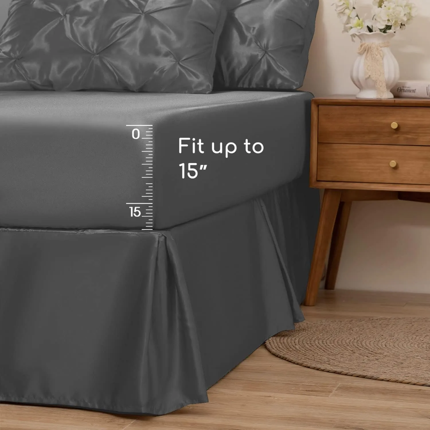 MR&HM Satin Comforter Queen 7 Pieces - Luxurious Pinch Pleat Bedding Set with Comforter, Flat Sheet, Fitted Sheet, Pillowcases & Shams, Super Silky Soft Bed Set for All Season (Queen, Dark Grey)