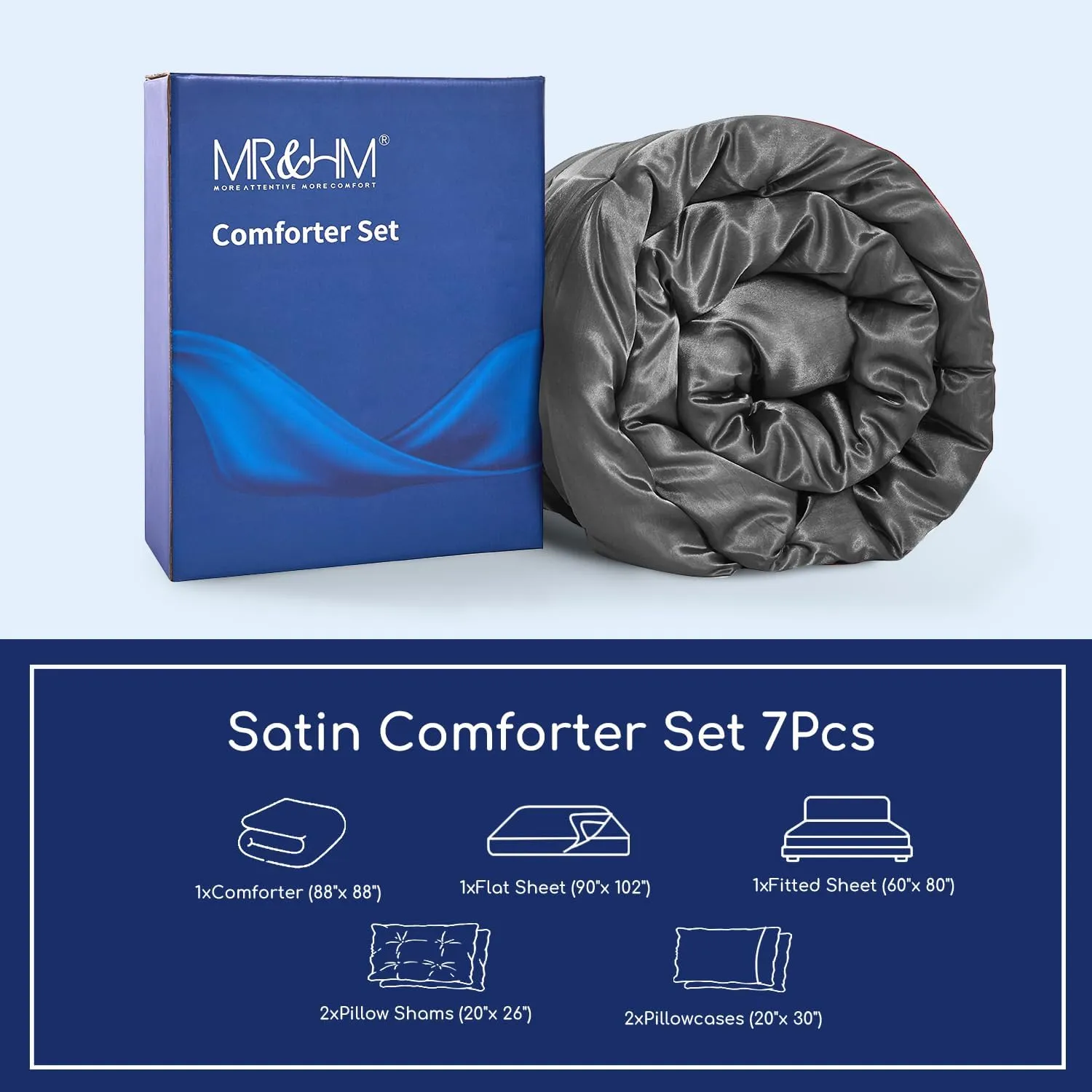 MR&HM Satin Comforter Queen 7 Pieces - Luxurious Pinch Pleat Bedding Set with Comforter, Flat Sheet, Fitted Sheet, Pillowcases & Shams, Super Silky Soft Bed Set for All Season (Queen, Dark Grey)