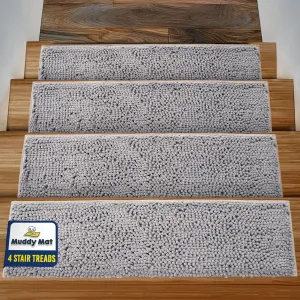 Muddy Mat® Pack of 4 - Soft Chenille Stair Treads Non-Slip Reusable, Super Absorbent Stair Treads for Wooden Steps, Tile & Marble Floor, Easy to Install & Machine Washable - Grey 30'' x 7''