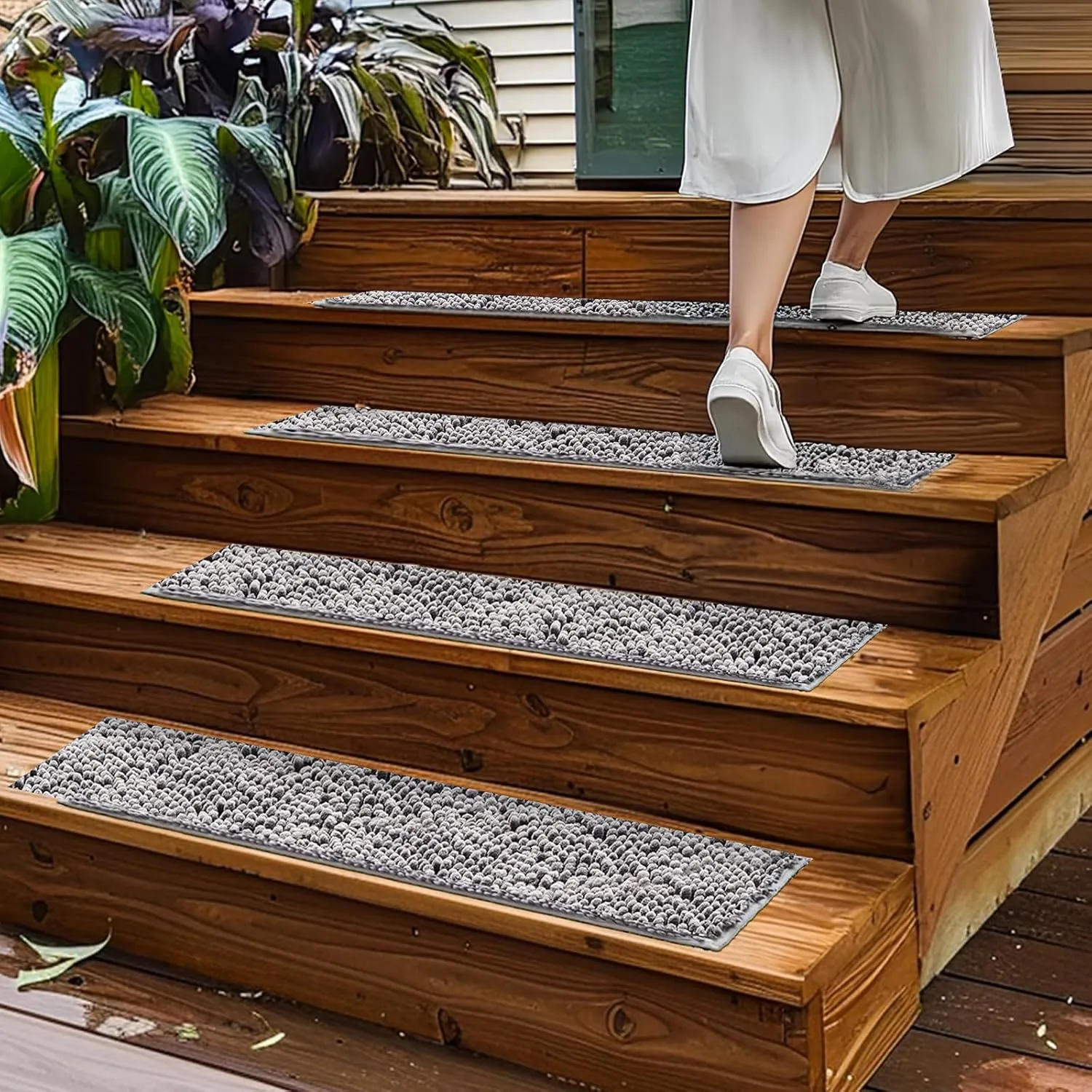 Muddy Mat® Pack of 4 - Soft Chenille Stair Treads Non-Slip Reusable, Super Absorbent Stair Treads for Wooden Steps, Tile & Marble Floor, Easy to Install & Machine Washable - Grey 30'' x 7''