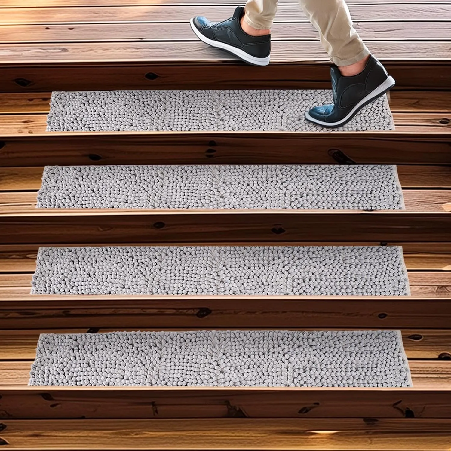 Muddy Mat® Pack of 4 - Soft Chenille Stair Treads Non-Slip Reusable, Super Absorbent Stair Treads for Wooden Steps, Tile & Marble Floor, Easy to Install & Machine Washable - Grey 30'' x 7''