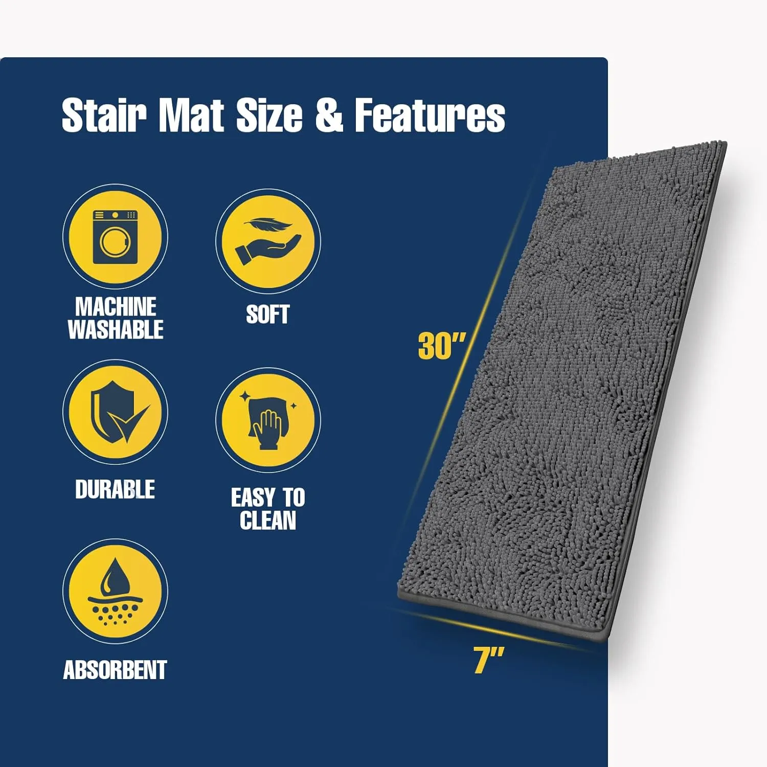 Muddy Mat® Pack of 4 - Soft Chenille Stair Treads Non-Slip Reusable, Super Absorbent Stair Treads for Wooden Steps, Tile & Marble Floor, Easy to Install & Machine Washable - Grey 30'' x 7''