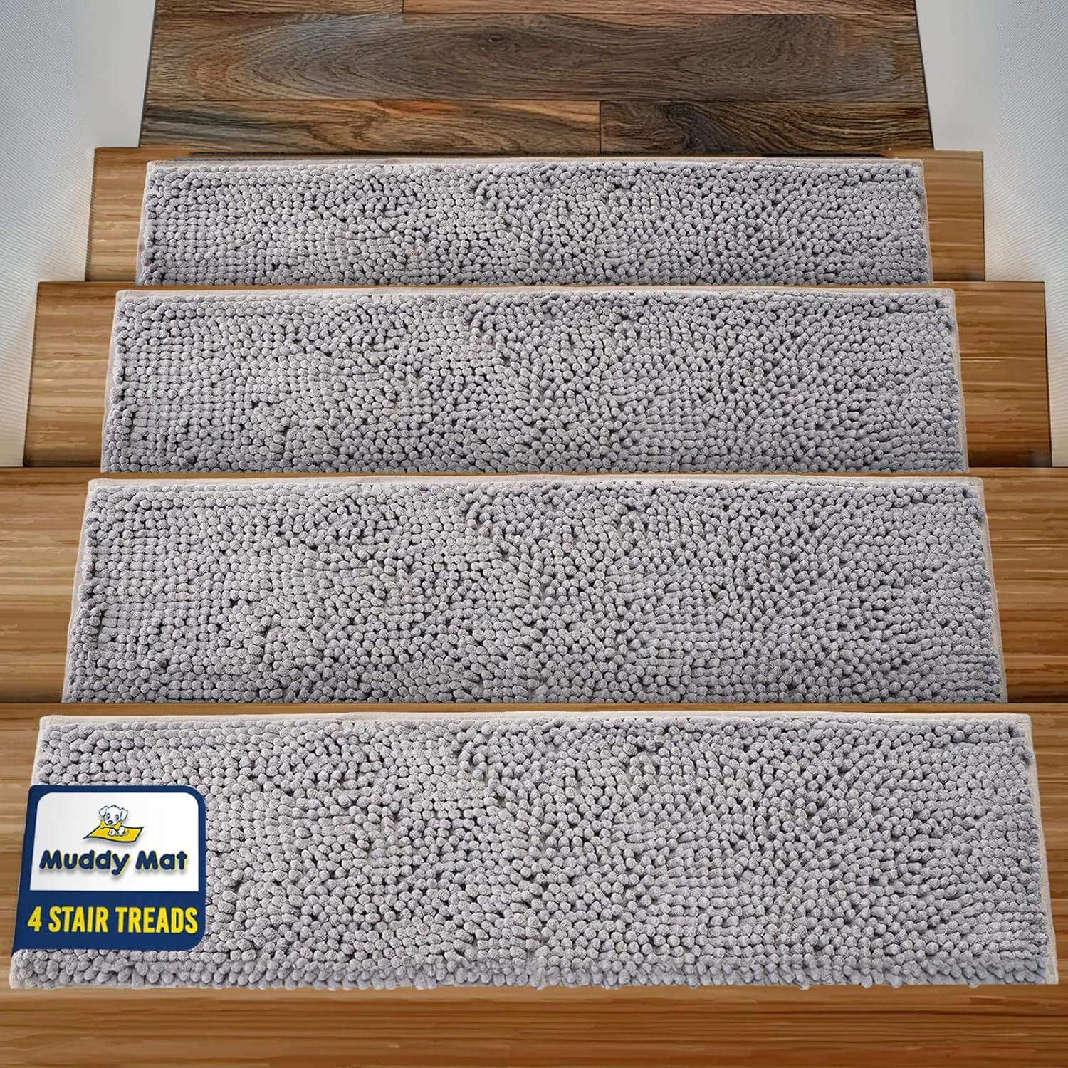 Muddy Mat® Pack of 4 - Soft Chenille Stair Treads Non-Slip Reusable, Super Absorbent Stair Treads for Wooden Steps, Tile & Marble Floor, Easy to Install & Machine Washable - Grey 30'' x 7''