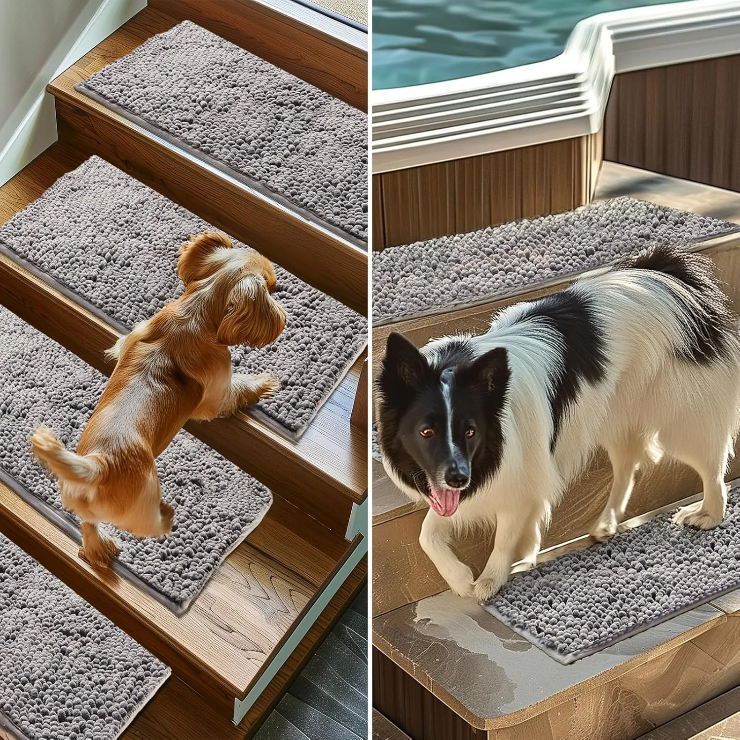 Muddy Mat® Pack of 4 - Soft Chenille Stair Treads Non-Slip Reusable, Super Absorbent Stair Treads for Wooden Steps, Tile & Marble Floor, Easy to Install & Machine Washable - Grey 30'' x 7''