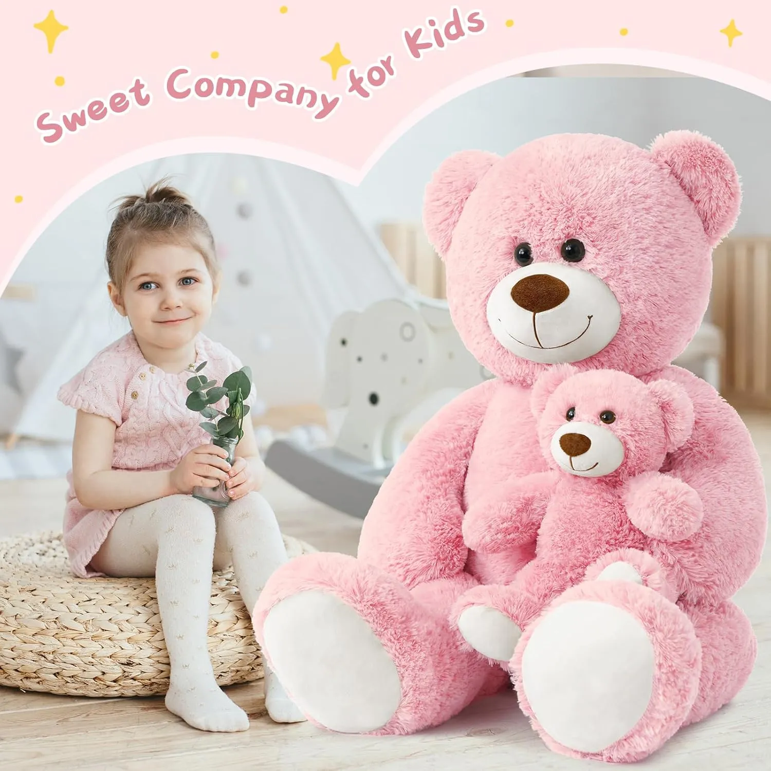Muiteiur Giant Teddy Bear Stuffed Animal, Cute Mommy and Baby Bear,Teddy Bear Baby Shower Plush Toy for Kids Boys Girls, Great Gift for Lover, 40inch,Pink