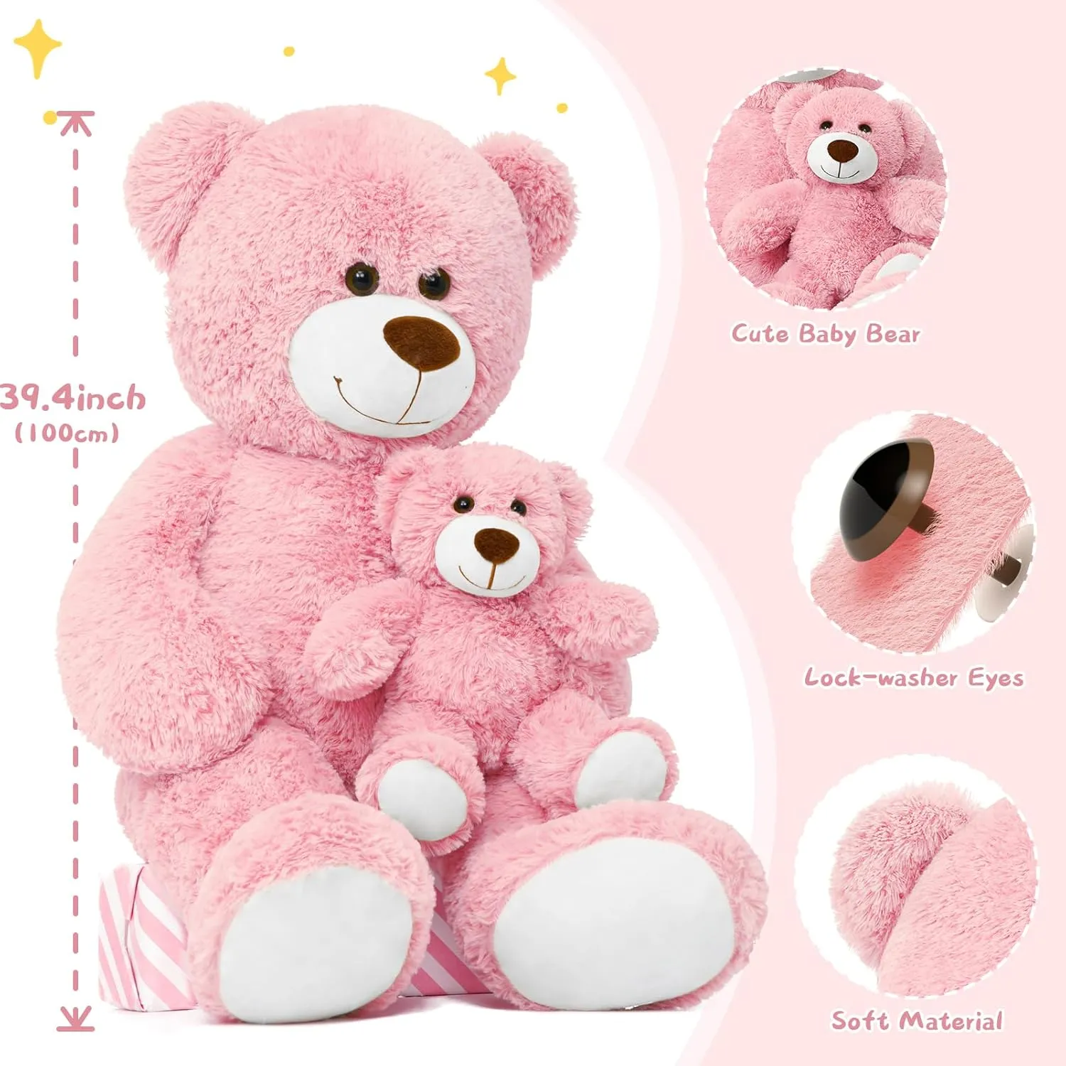 Muiteiur Giant Teddy Bear Stuffed Animal, Cute Mommy and Baby Bear,Teddy Bear Baby Shower Plush Toy for Kids Boys Girls, Great Gift for Lover, 40inch,Pink
