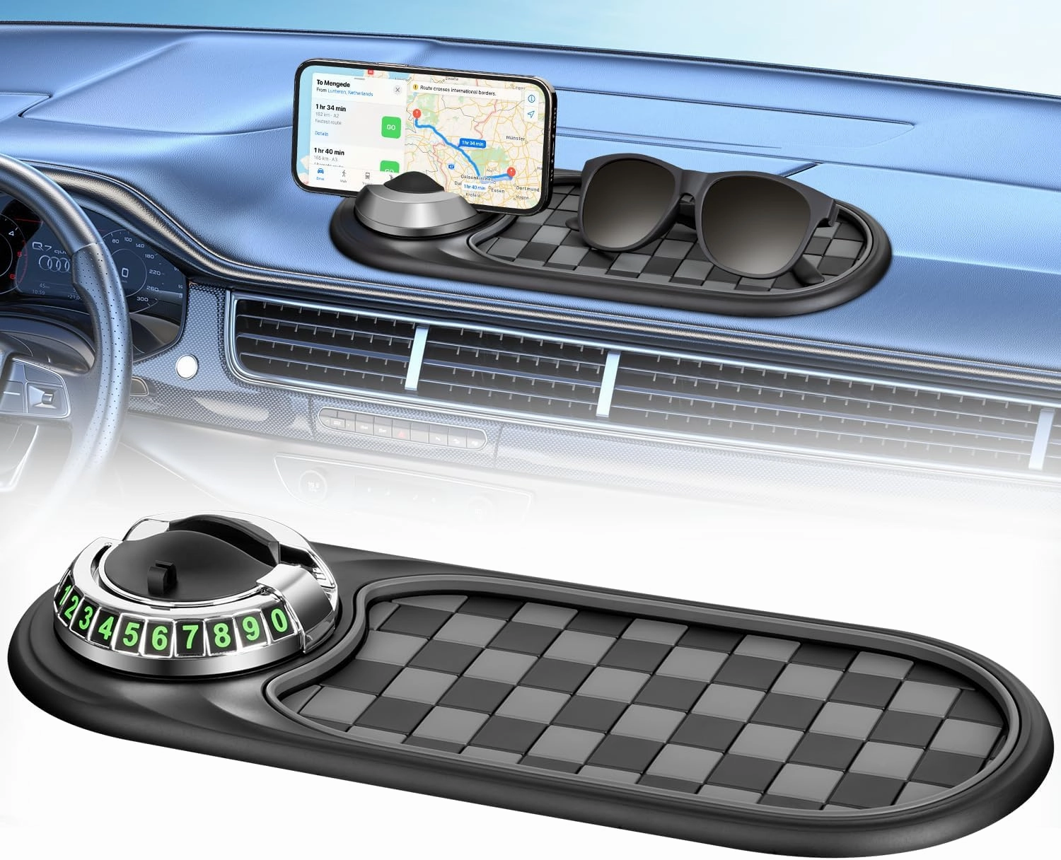Multifunction Car Anti-Slip Mat, Multifunctional Car Dashboard Mobile Phone Holder, Car Anti Slip Mat Phone Holder and Temporary Parking Number Pad - Secure Storage for Sunglasses, Keys, Gadgets
