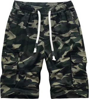 Muscularfit Camo Shorts for Men Big and Tall Drawstring Elastic Waist Cotton Camouflage Cargo Shorts Utility Tooling Shorts