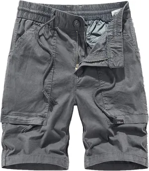 Muscularfit Cotton Shorts for Men 2023 Solid Drawstring Elastic Waist Multi Pockets Cargo Shorts Casual Work Tooling Shorts