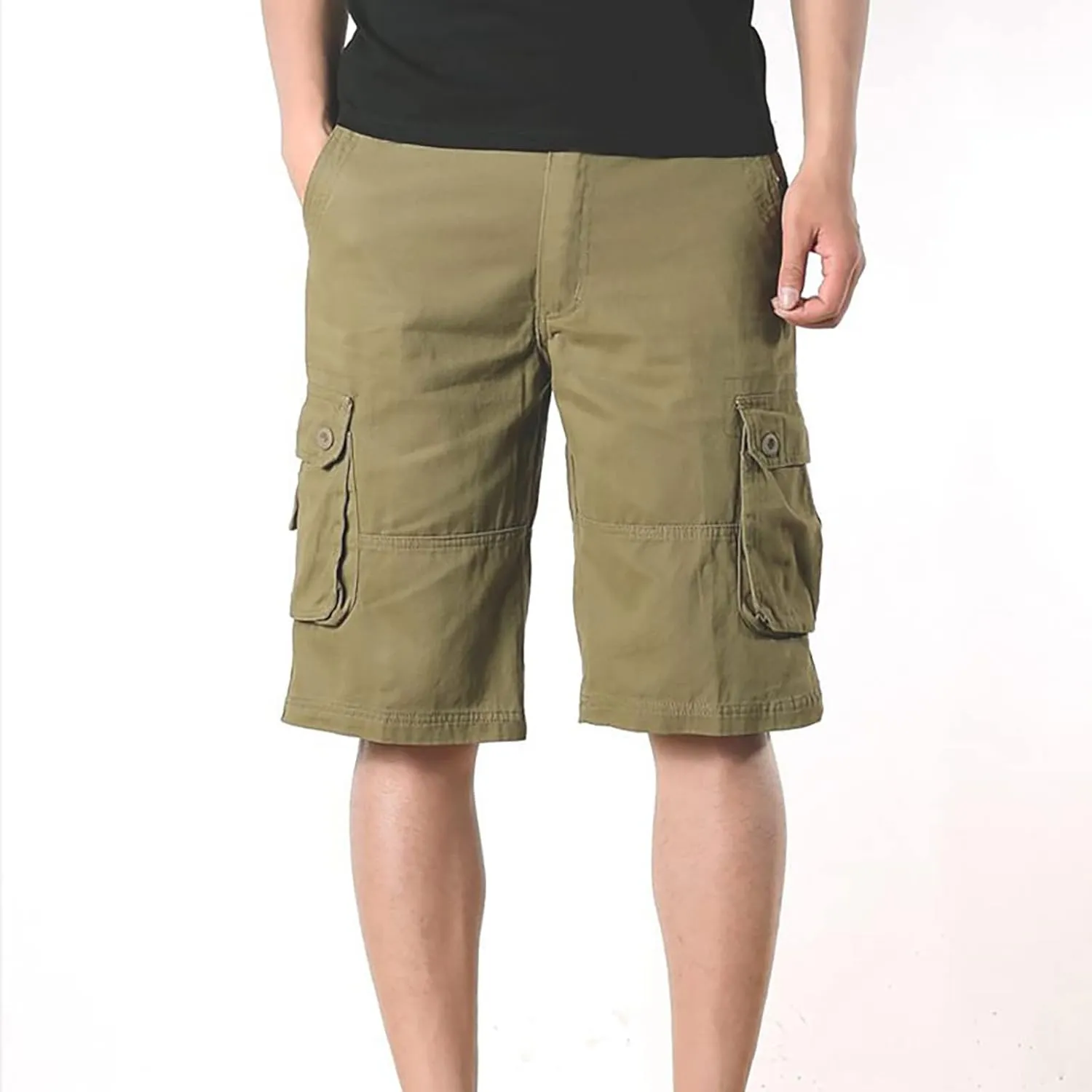 Muscularfit Linen Shorts for Men 2023 Solid Multi Pockets Cargo Shorts Regular Fit Buckle Zipper Sport Utility Tooling Shorts