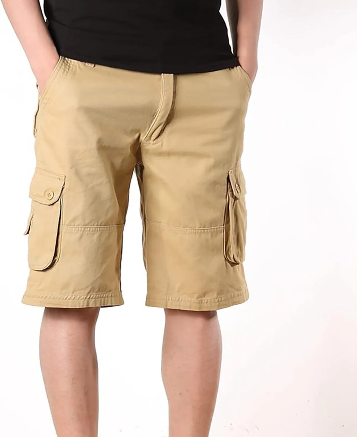 Muscularfit Linen Shorts for Men 2023 Solid Multi Pockets Cargo Shorts Regular Fit Buckle Zipper Sport Utility Tooling Shorts