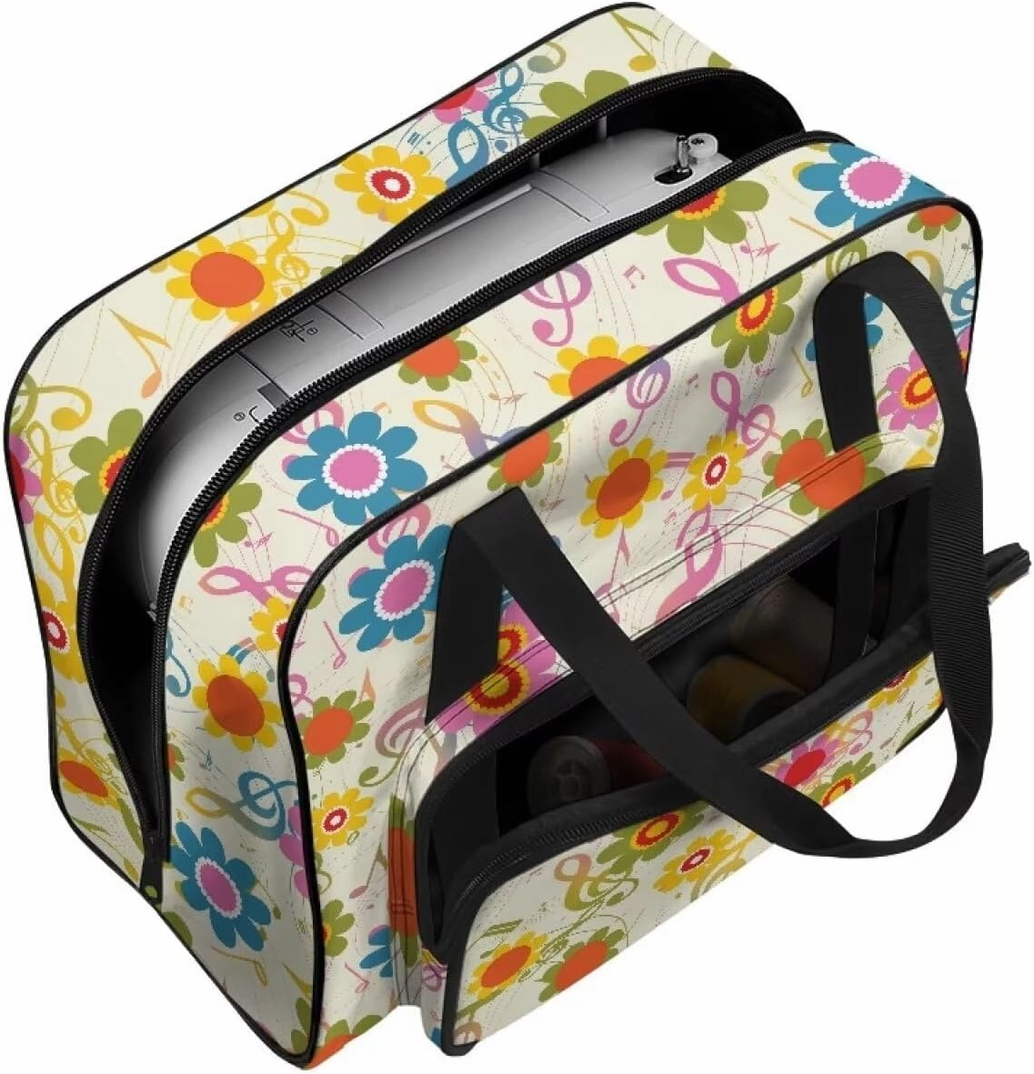 Music Note Hippie Flower Sewing Machine Carrying Case with Multiple Storage Pockets, Universal Tote Bag with zipper Compatible with Most Standard Sewing Machine