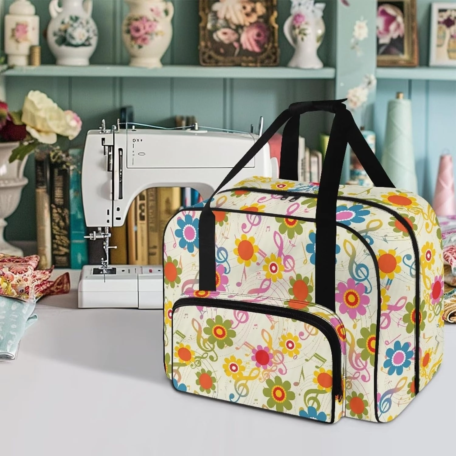 Music Note Hippie Flower Sewing Machine Carrying Case with Multiple Storage Pockets, Universal Tote Bag with zipper Compatible with Most Standard Sewing Machine