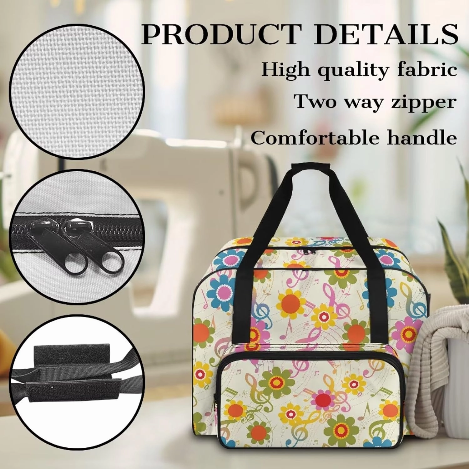Music Note Hippie Flower Sewing Machine Carrying Case with Multiple Storage Pockets, Universal Tote Bag with zipper Compatible with Most Standard Sewing Machine