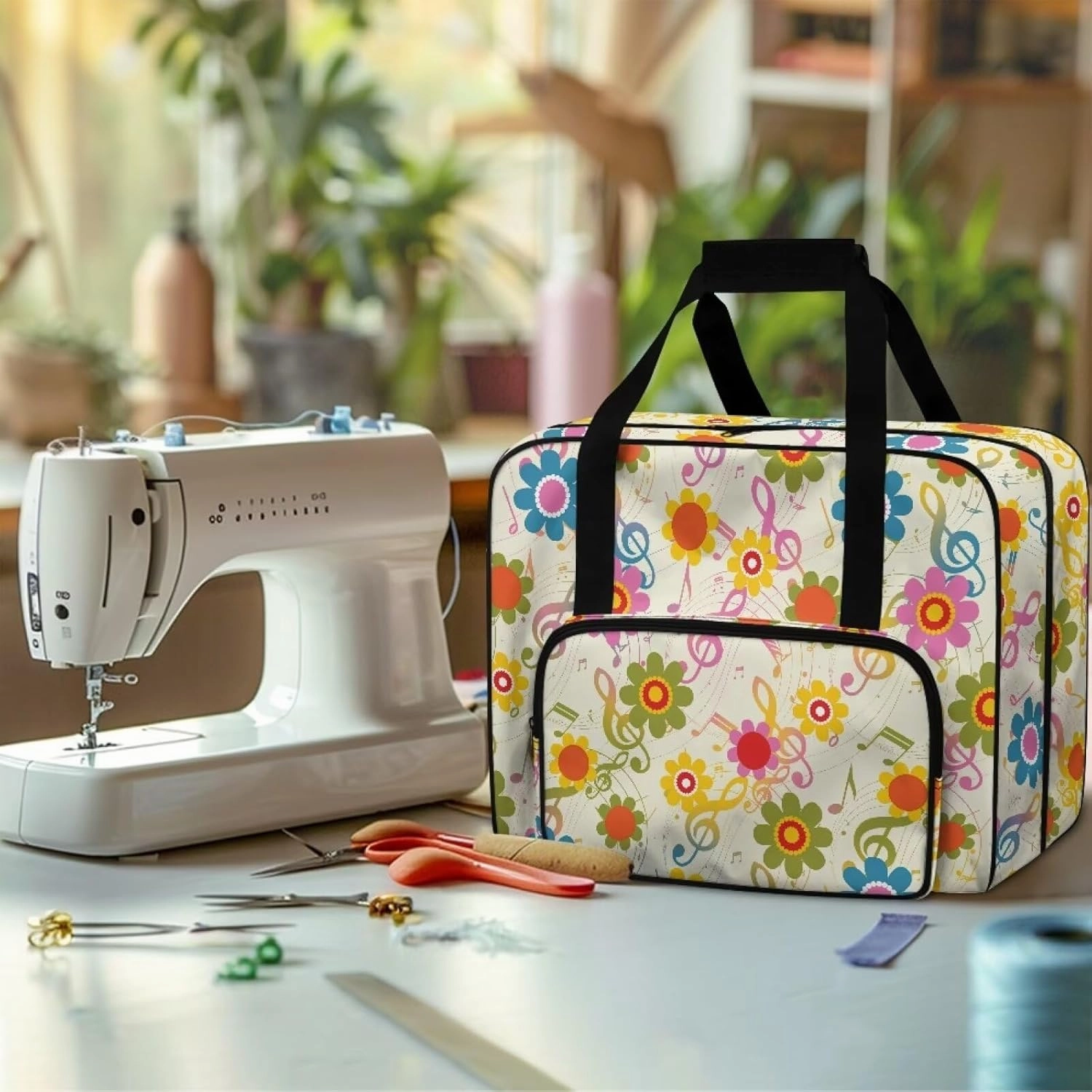 Music Note Hippie Flower Sewing Machine Carrying Case with Multiple Storage Pockets, Universal Tote Bag with zipper Compatible with Most Standard Sewing Machine