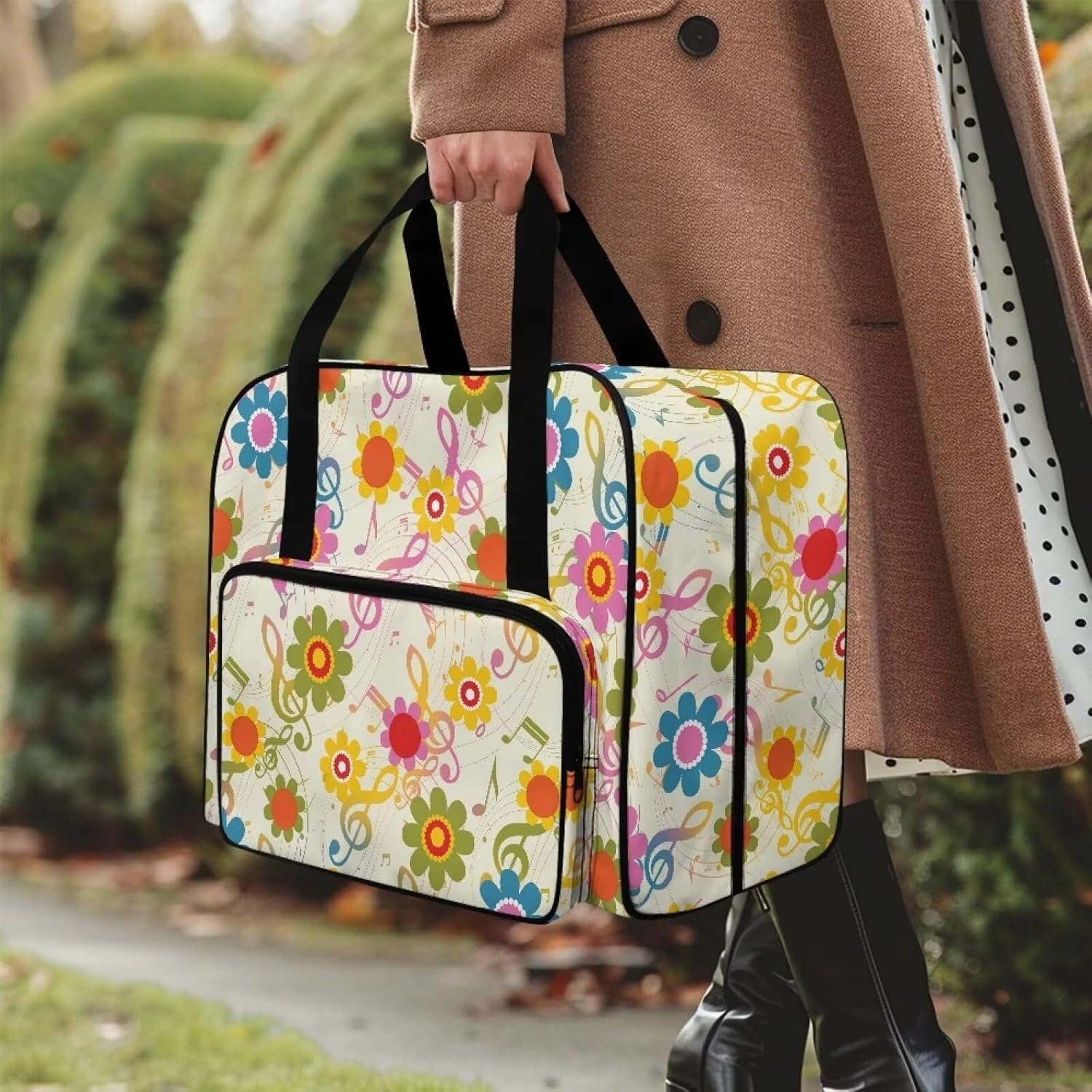 Music Note Hippie Flower Sewing Machine Carrying Case with Multiple Storage Pockets, Universal Tote Bag with zipper Compatible with Most Standard Sewing Machine