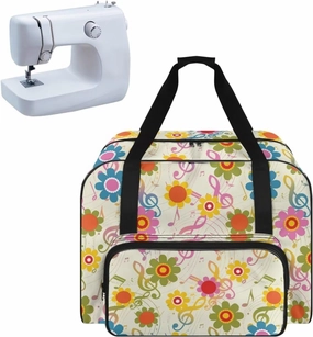 Music Note Hippie Flower Sewing Machine Carrying Case with Multiple Storage Pockets, Universal Tote Bag with zipper Compatible with Most Standard Sewing Machine