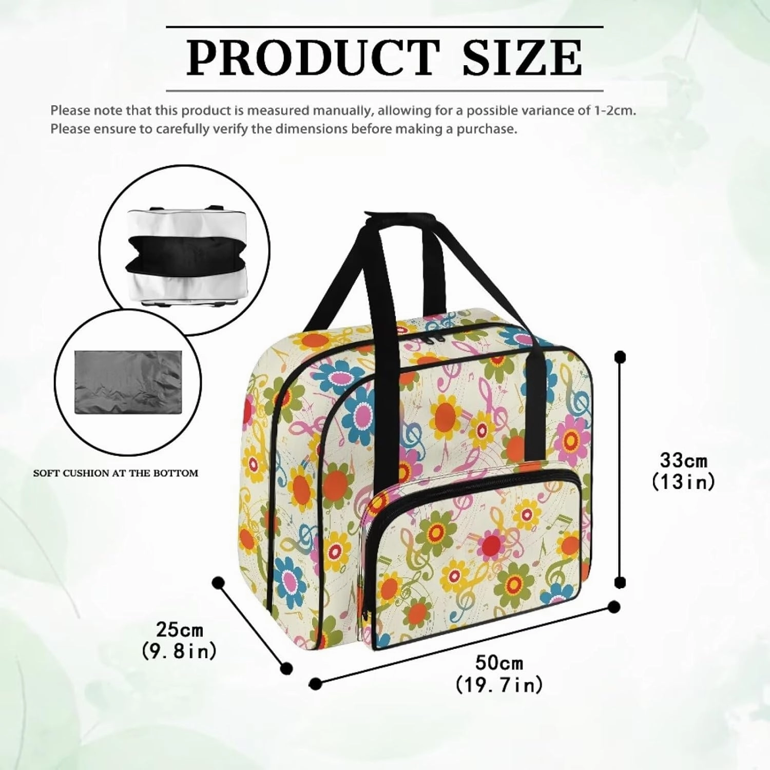 Music Note Hippie Flower Sewing Machine Carrying Case with Multiple Storage Pockets, Universal Tote Bag with zipper Compatible with Most Standard Sewing Machine