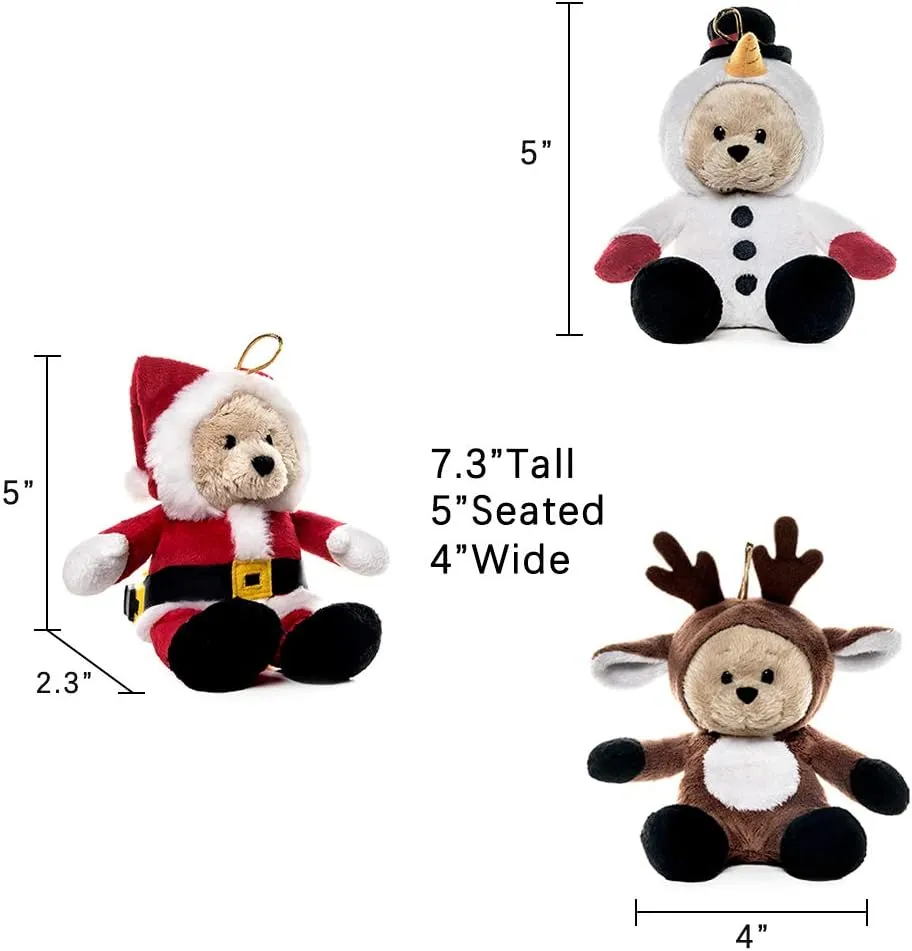 My OLi Christmas Teddy Bears Stuffed Animal 7in Plush Bears with Flippable Hats Pack of 3 : Santa, Reindeer and Snowman Soft Toys for Kids Boys Girls Hanging Decorations for Christmas Trees