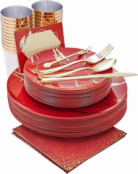 N9R 225PCS Red Gold Plastic Dinnerware Set - Disposable for Mother’s Day, Includes 25 Dinner Plates, 25 Dessert Plates, 25 Forks, 25 Spoons, 25 Knives, 25 Gold Cups, 25 Napkins & Table Cards