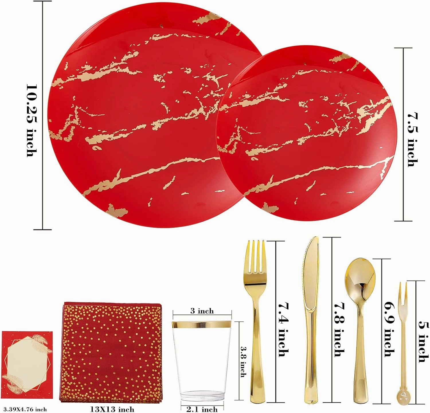 N9R 225PCS Red Gold Plastic Dinnerware Set - Disposable for Mother’s Day, Includes 25 Dinner Plates, 25 Dessert Plates, 25 Forks, 25 Spoons, 25 Knives, 25 Gold Cups, 25 Napkins & Table Cards