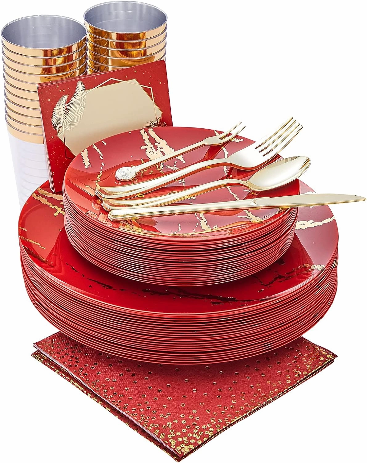 N9R 225PCS Red Gold Plastic Dinnerware Set - Disposable for Mother’s Day, Includes 25 Dinner Plates, 25 Dessert Plates, 25 Forks, 25 Spoons, 25 Knives, 25 Gold Cups, 25 Napkins & Table Cards