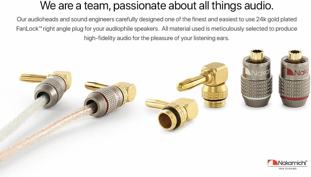 Nakamichi FanLock Excel Series 24k Gold Plated Right-Angle 90 Degree Banana Plug 10 AWG - 18 AWG Gauge Size 4mm for Speakers Amplifier Hi-Fi Home Theatre Wire Cable Quick Connector, 10 Pcs (5-Pairs)