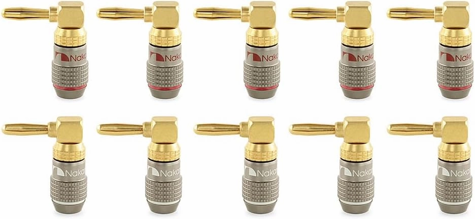 Nakamichi FanLock Excel Series 24k Gold Plated Right-Angle 90 Degree Banana Plug 10 AWG - 18 AWG Gauge Size 4mm for Speakers Amplifier Hi-Fi Home Theatre Wire Cable Quick Connector, 10 Pcs (5-Pairs)