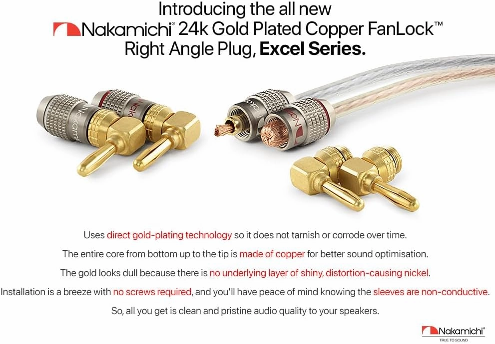 Nakamichi FanLock Excel Series 24k Gold Plated Right-Angle 90 Degree Banana Plug 10 AWG - 18 AWG Gauge Size 4mm for Speakers Amplifier Hi-Fi Home Theatre Wire Cable Quick Connector, 10 Pcs (5-Pairs)
