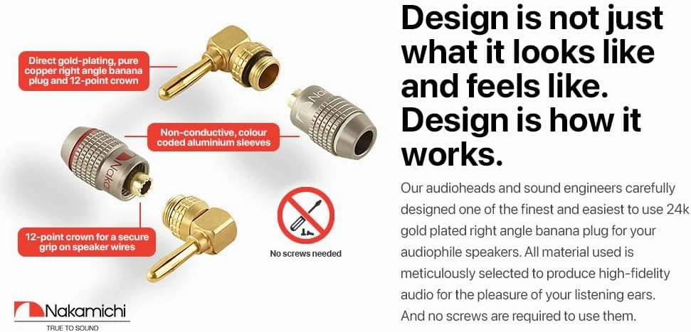 Nakamichi FanLock Excel Series 24k Gold Plated Right-Angle 90 Degree Banana Plug 10 AWG - 18 AWG Gauge Size 4mm for Speakers Amplifier Hi-Fi Home Theatre Wire Cable Quick Connector, 10 Pcs (5-Pairs)
