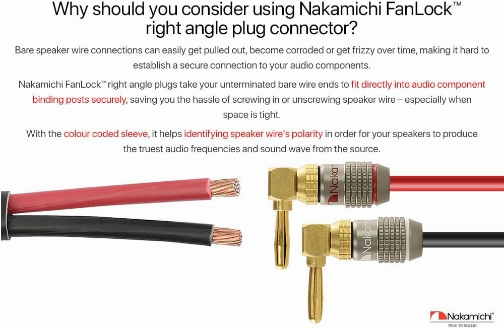 Nakamichi FanLock Excel Series 24k Gold Plated Right-Angle 90 Degree Banana Plug 10 AWG - 18 AWG Gauge Size 4mm for Speakers Amplifier Hi-Fi Home Theatre Wire Cable Quick Connector, 10 Pcs (5-Pairs)