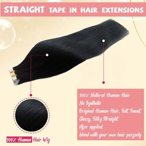 Natural Black Tape in Hair Extensions Real Human Hair for Black Women,Tape in Extensions Seamless Soft Straight Human Hair Tape in Extensions Can be Curled 20 Pieces 14Inch 100G/Set