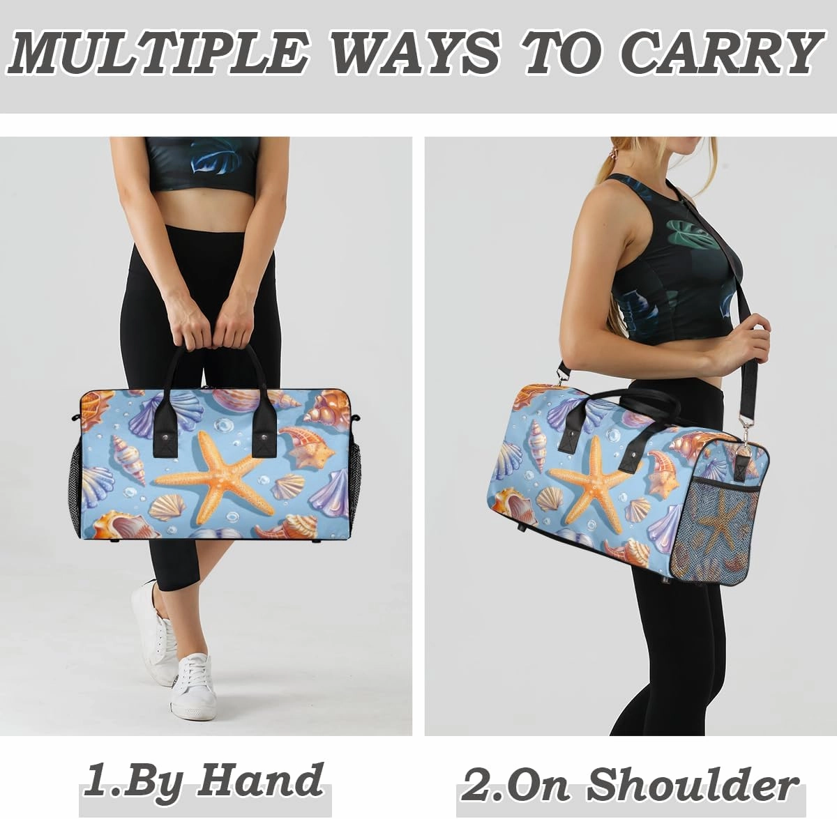 Nautical Coastal Travel Duffle Bag for Women Men Foldable Waterproof Weekender Bag Carry on Tote for Overnight Sports Gym Seashell Coral Starfish