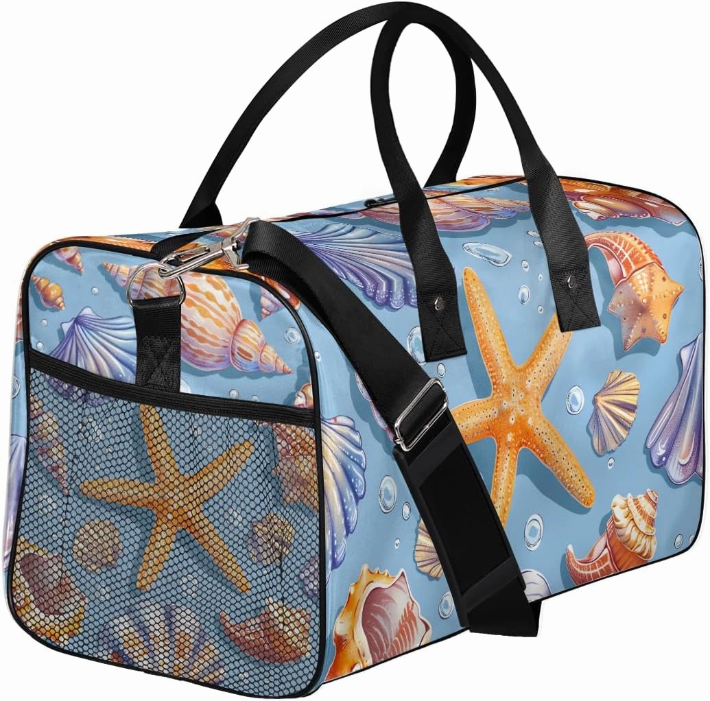 Nautical Coastal Travel Duffle Bag for Women Men Foldable Waterproof Weekender Bag Carry on Tote for Overnight Sports Gym Seashell Coral Starfish