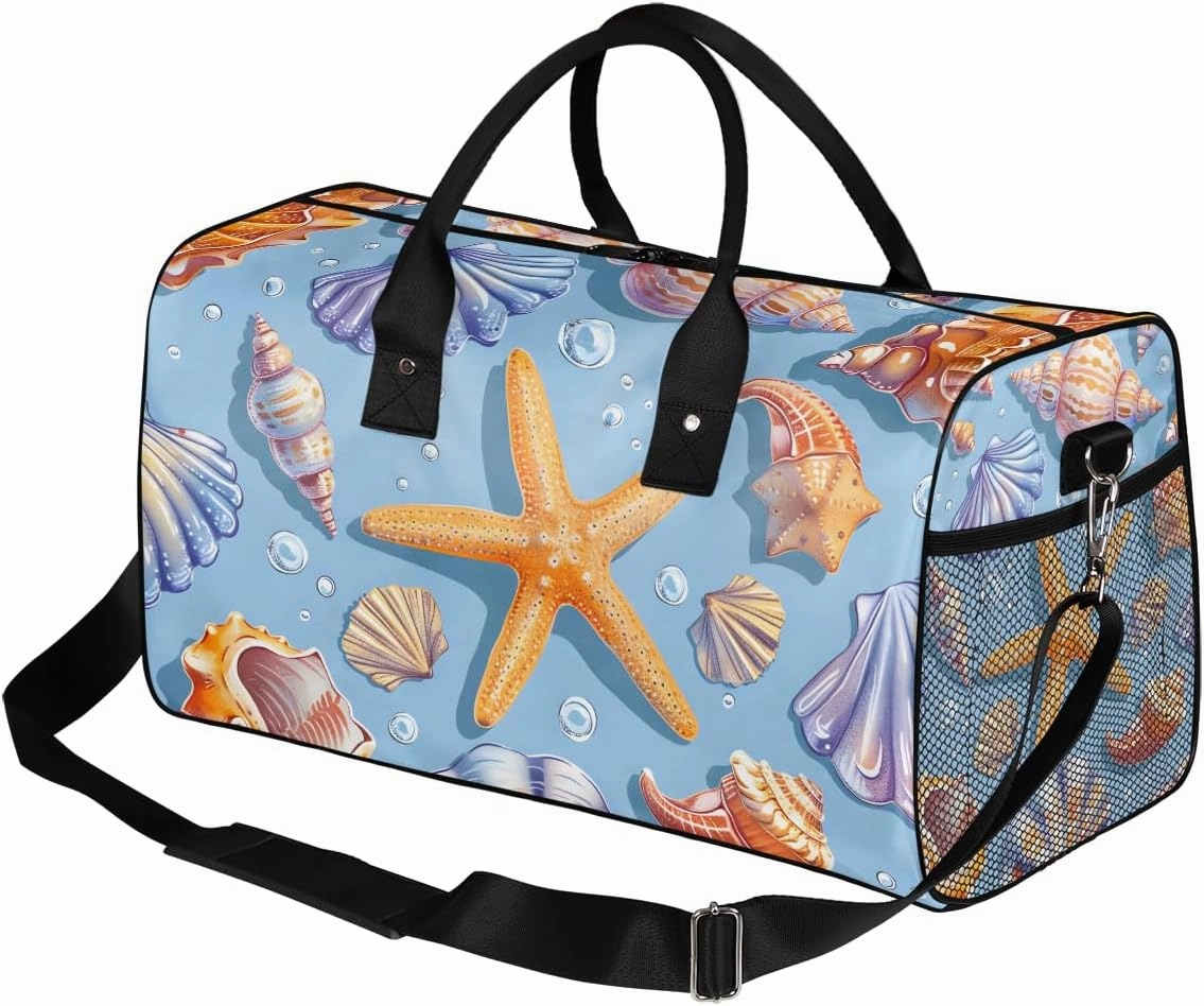 Nautical Coastal Travel Duffle Bag for Women Men Foldable Waterproof Weekender Bag Carry on Tote for Overnight Sports Gym Seashell Coral Starfish