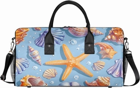 Nautical Coastal Travel Duffle Bag for Women Men Foldable Waterproof Weekender Bag Carry on Tote for Overnight Sports Gym Seashell Coral Starfish