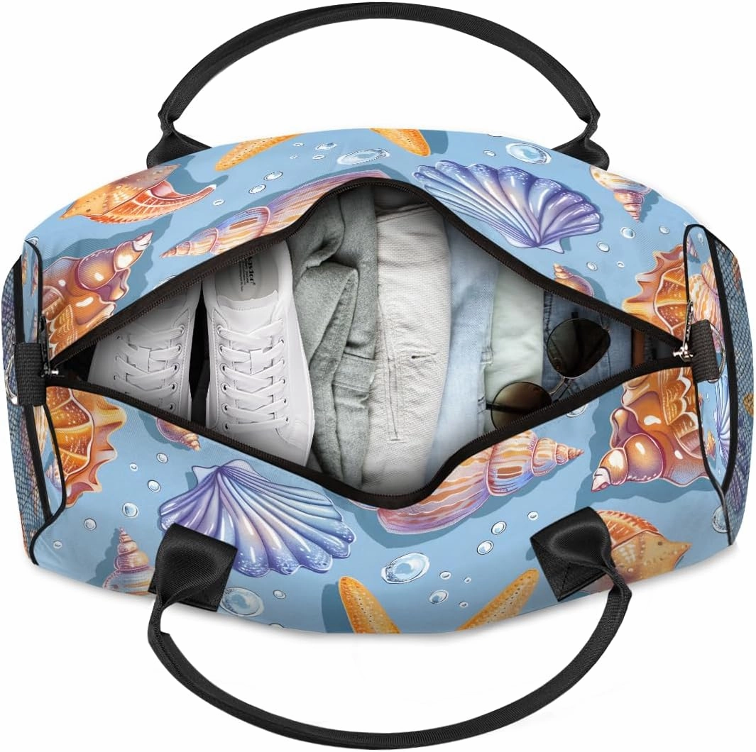 Nautical Coastal Travel Duffle Bag for Women Men Foldable Waterproof Weekender Bag Carry on Tote for Overnight Sports Gym Seashell Coral Starfish