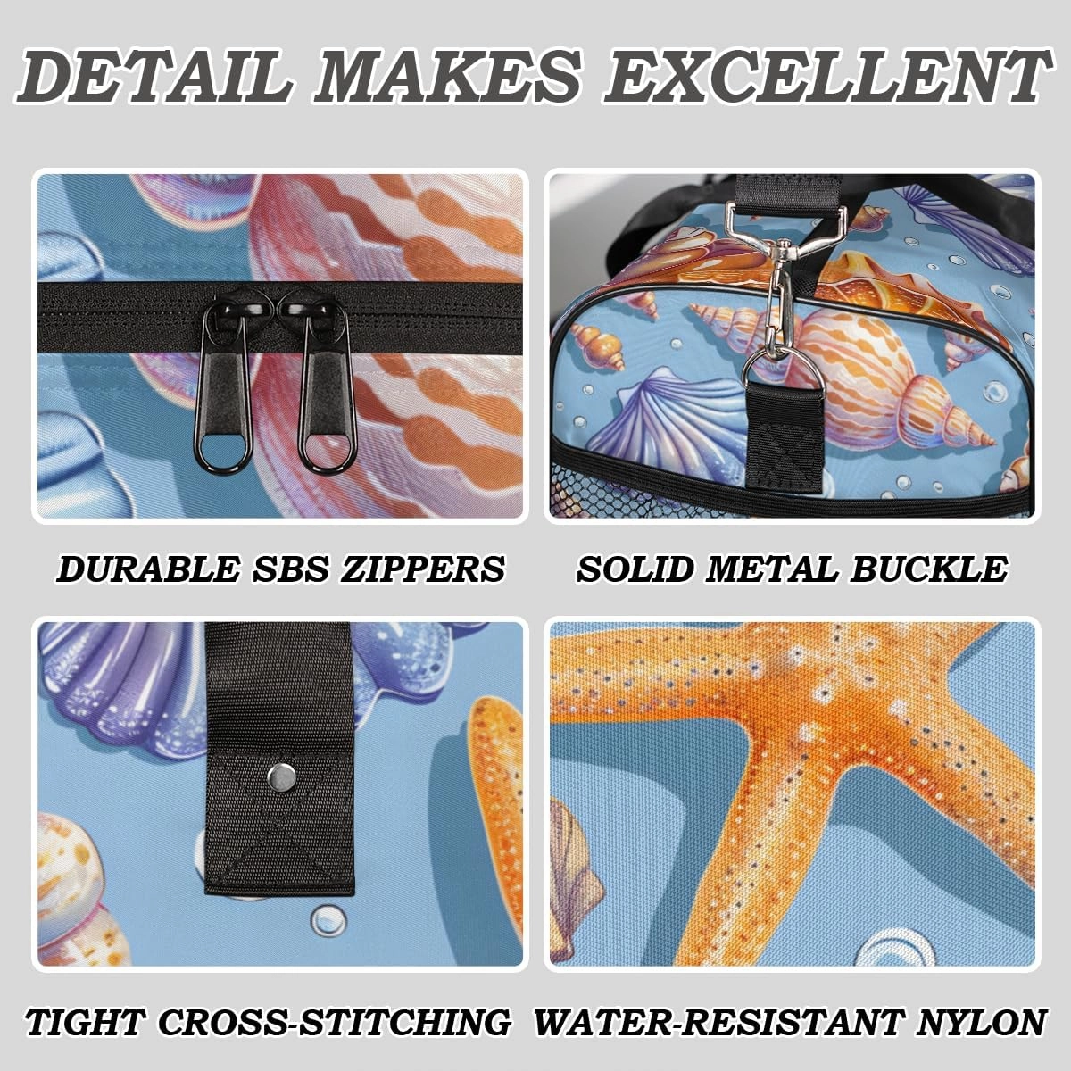Nautical Coastal Travel Duffle Bag for Women Men Foldable Waterproof Weekender Bag Carry on Tote for Overnight Sports Gym Seashell Coral Starfish