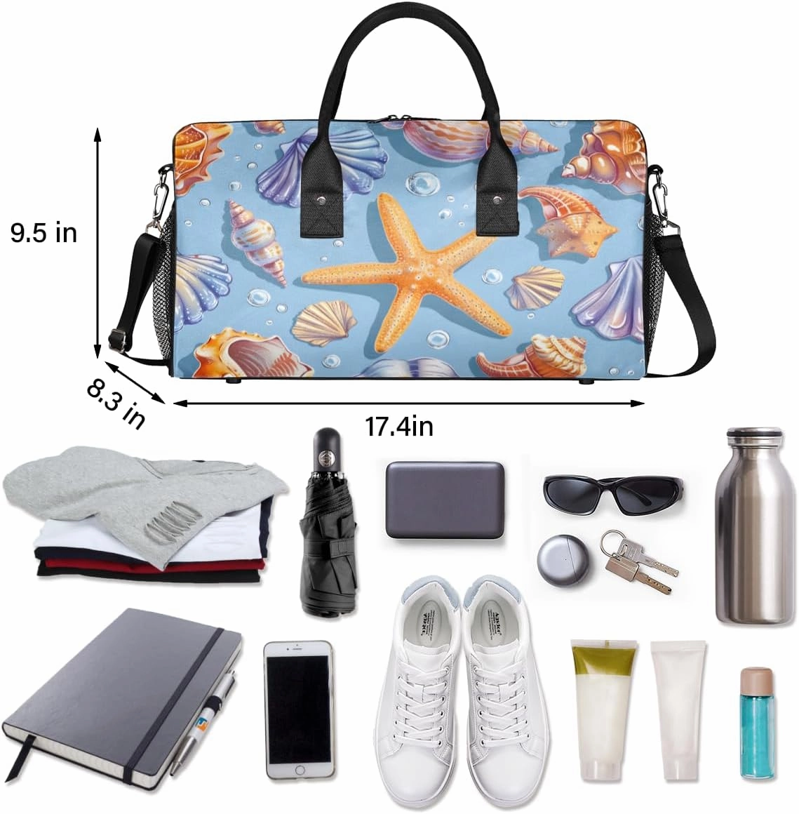 Nautical Coastal Travel Duffle Bag for Women Men Foldable Waterproof Weekender Bag Carry on Tote for Overnight Sports Gym Seashell Coral Starfish