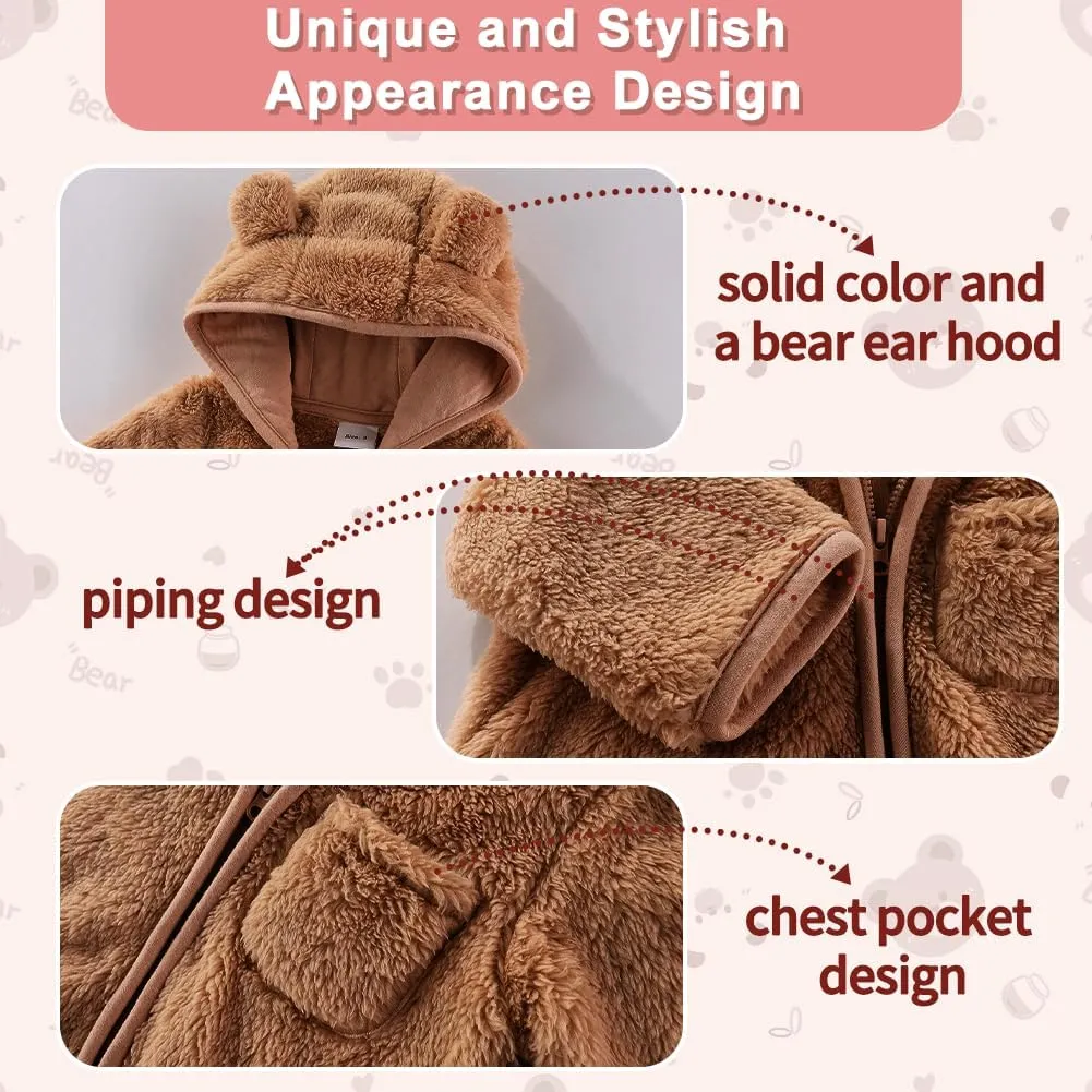 Newborn Baby Bear Outfit With Fold-Over Mittens and Footies Girls Boys Winter Fleece Clothes Hooded Romper Snowsuit